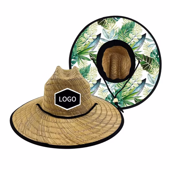 Weaved Woven Palm Hang Ten Beach Active Outdoor Straw Lifeguard Sun Hat with Adjustable Chin Cord Straw Hats