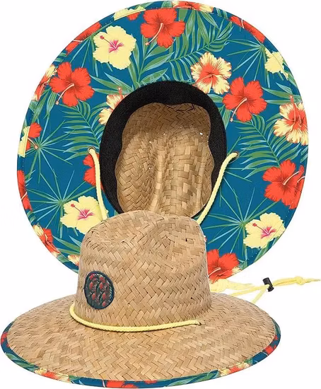 Weaved Woven Palm Hang Ten Beach Active Outdoor Straw Lifeguard Sun Hat with Adjustable Chin Cord Straw Hats